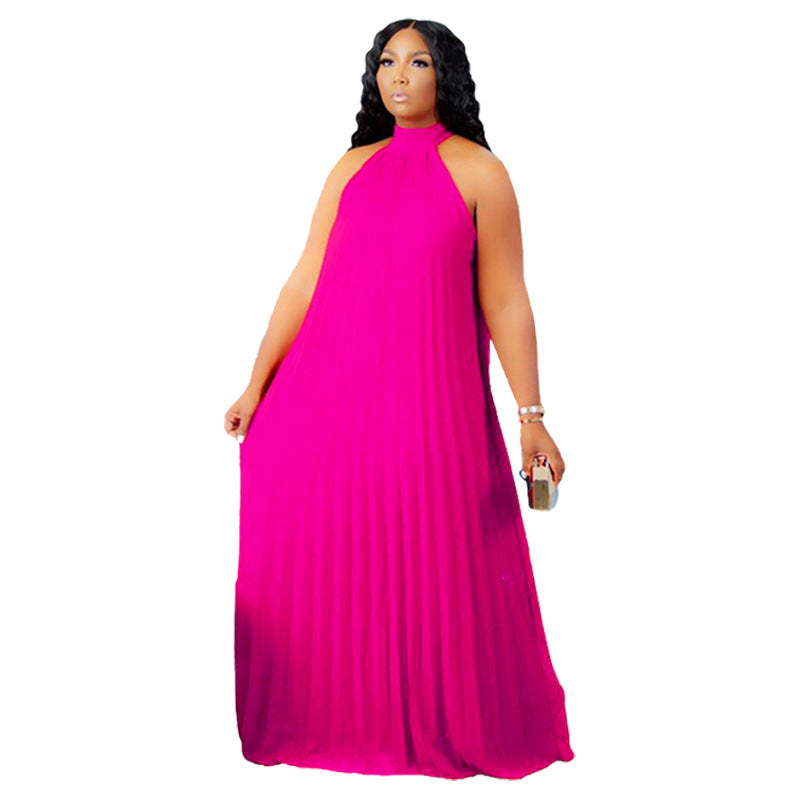 Plus Size Pleated Loose Sleeveless Polyester Dress Women's Including The Lining Cloth