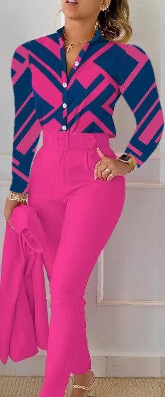 Printed Long-sleeved Top Solid Color Pants Suit With Belt