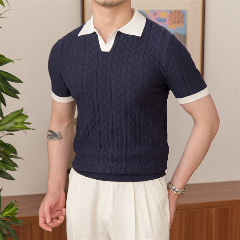 Knit Jacquard Color Block Lapel Top Vintage
