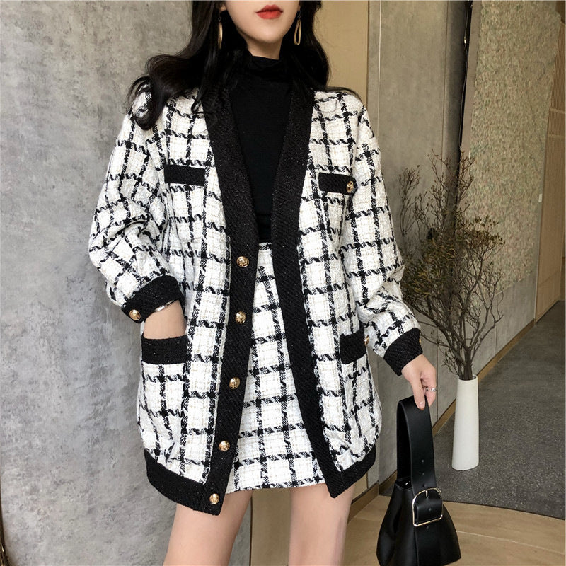 Women's Fashion Plaid Jacket Short Skirt Set