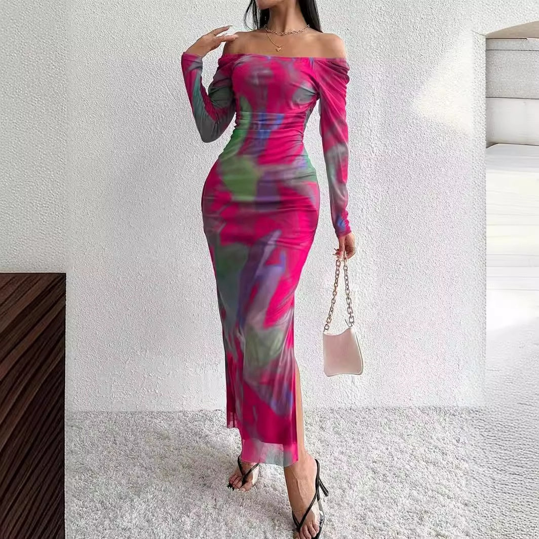 Printed Pleated Sexy Tight Split Square Collar Dress