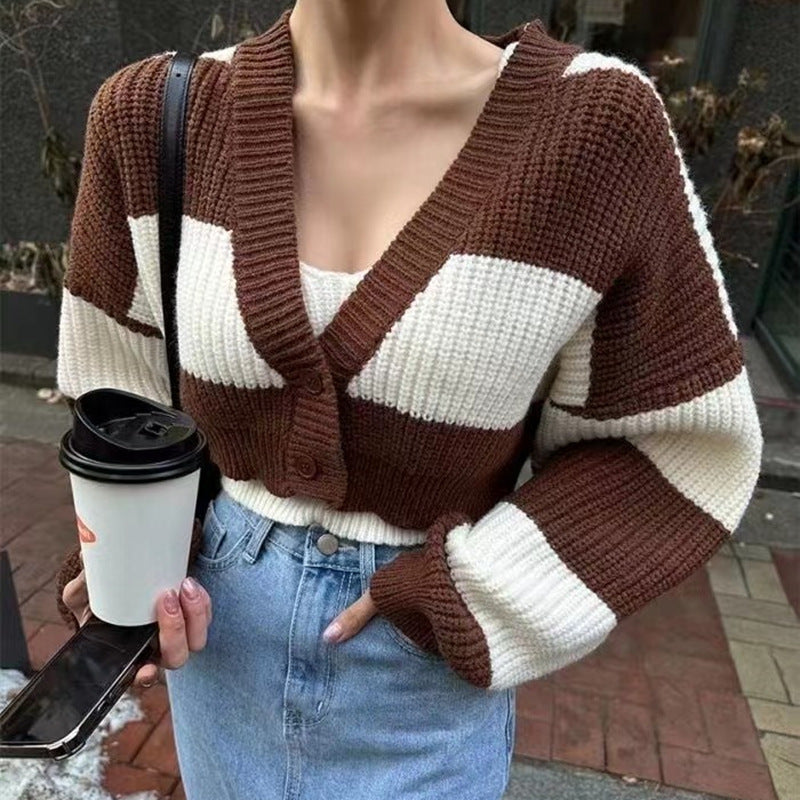 Women's Clothing Two-piece Set Sweater Striped Short Style Fashionable Knitted Suit