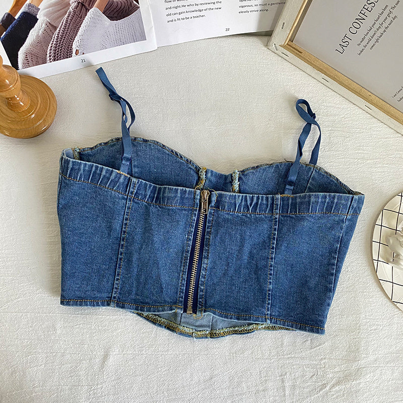 Bow Tie Drawstring Cropped Denim Camisole