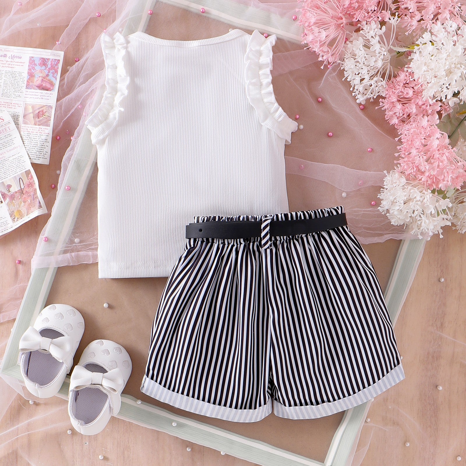 Girls' Pink Sunken Stripe Vest Shorts