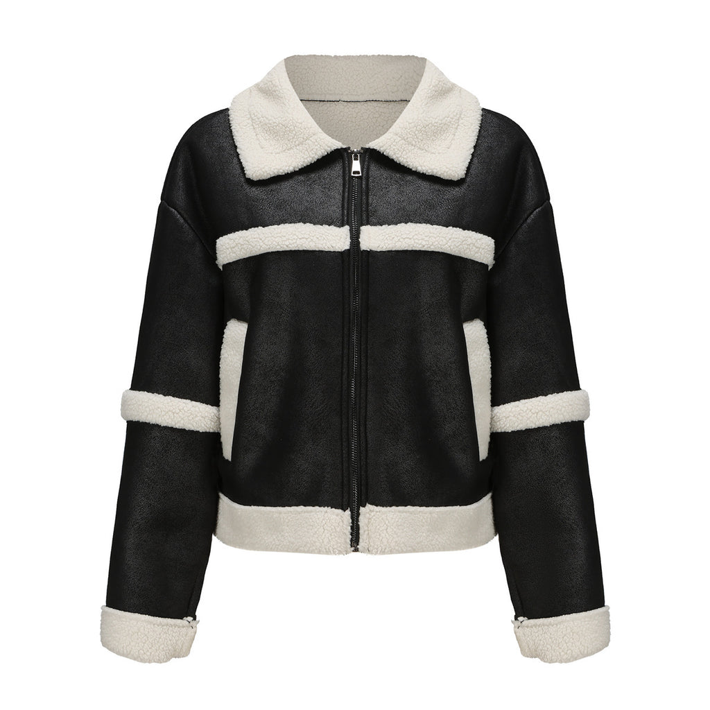 Suede Women's Fashionable Warm Fleece Leather Jacket