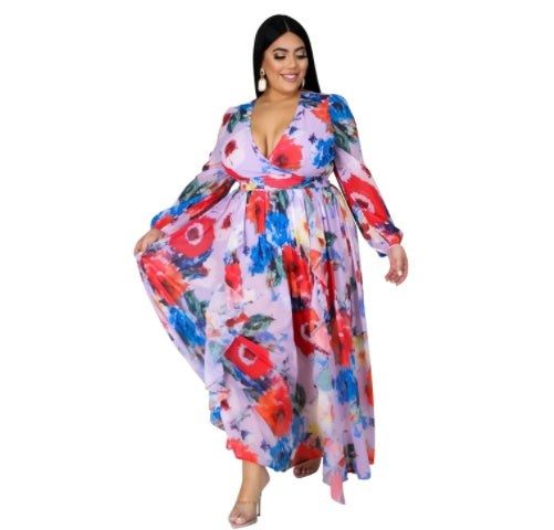V-neck Long Sleeve Flower Beach Chiffon Dress