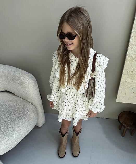 Girls' Autumn Floral Lace Shirt Tiered Skirt Children Two-piece Set