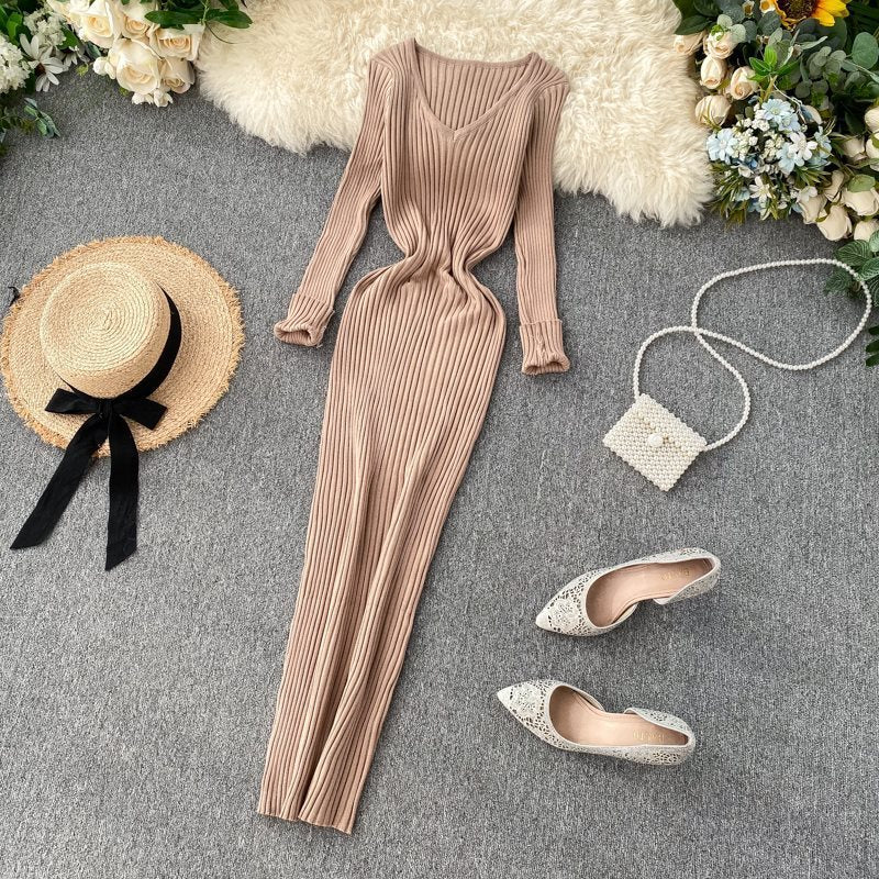 Dress Women Simple Solid Color Long Sleeve Tight