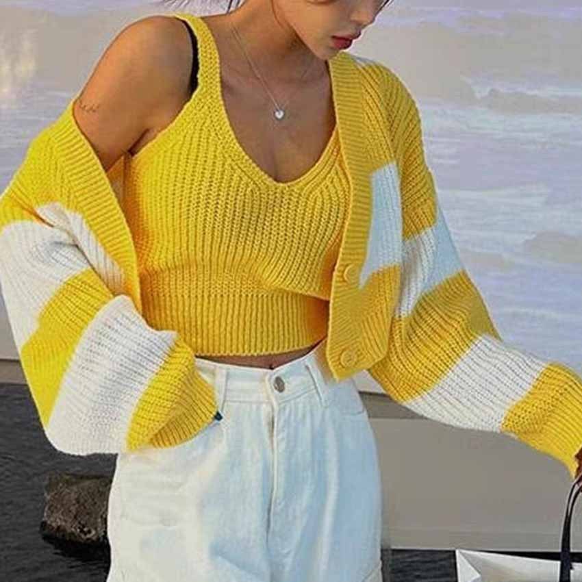 Women's Clothing Two-piece Set Sweater Striped Short Style Fashionable Knitted Suit