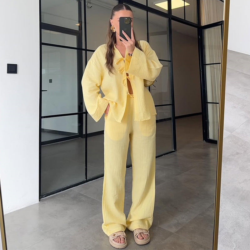 Summer New Solid Color Bow Long Sleeve Shirt Wide Leg Trousers Casual Suit