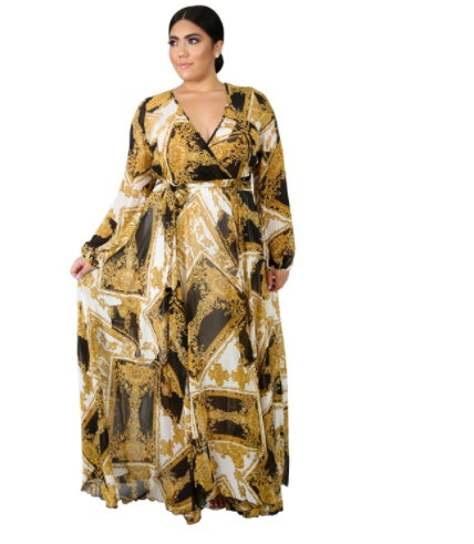 V-neck Long Sleeve Flower Beach Chiffon Dress