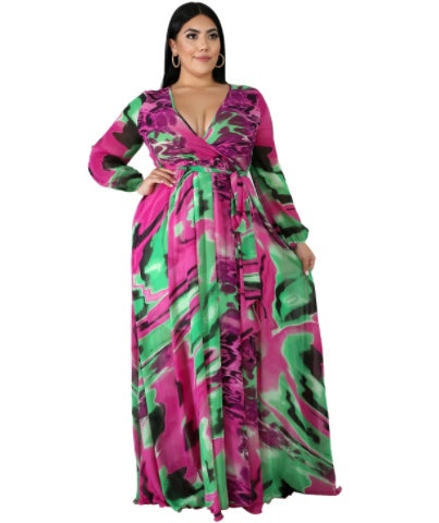 V-neck Long Sleeve Flower Beach Chiffon Dress