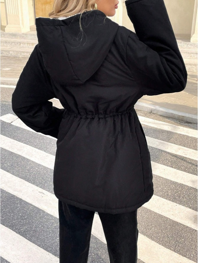 Drawstring Waist Hooded Plush Lined Parka Coat