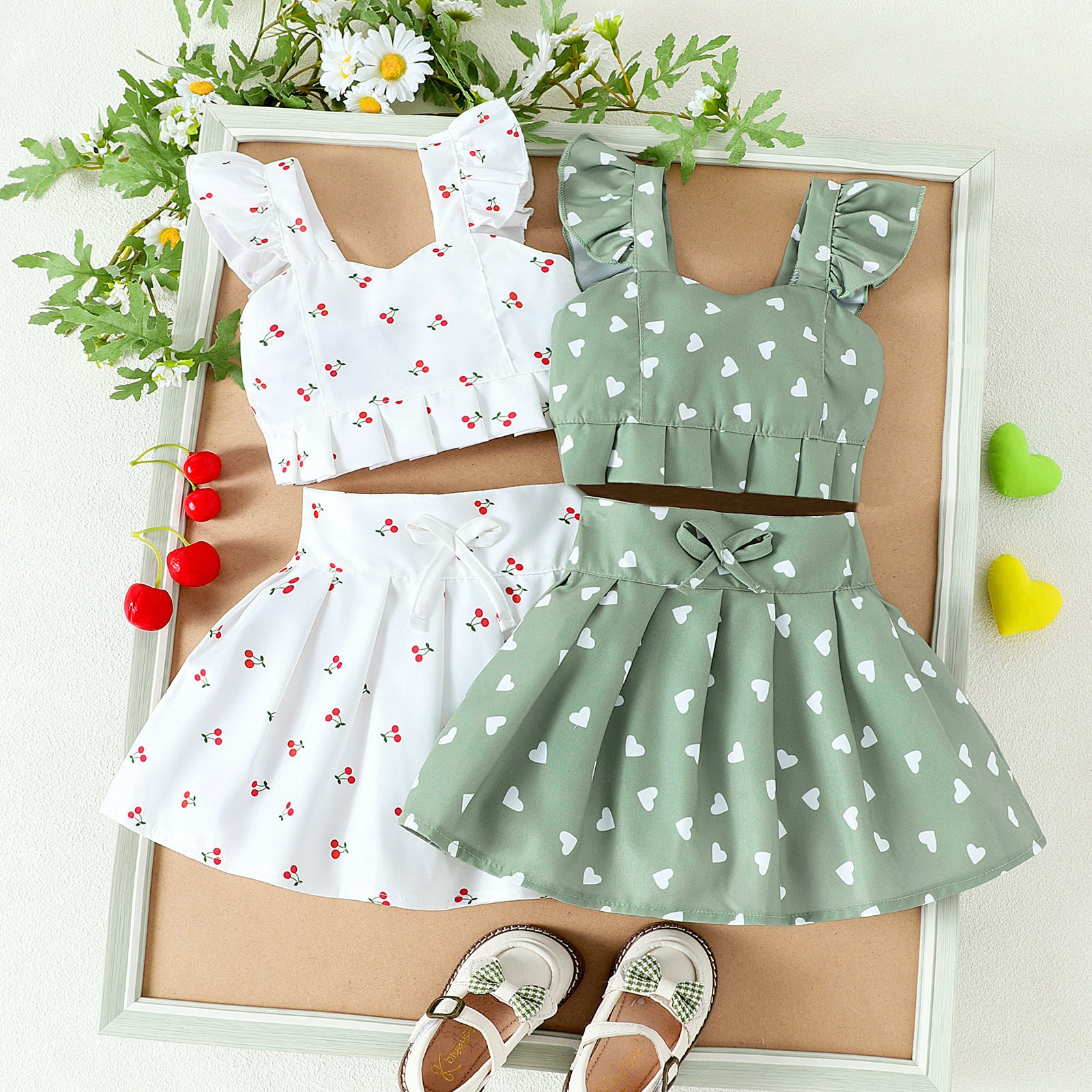 Girls' Flounced Sleeve Printed Strappy Bow Pleated Skirt Two-piece Set