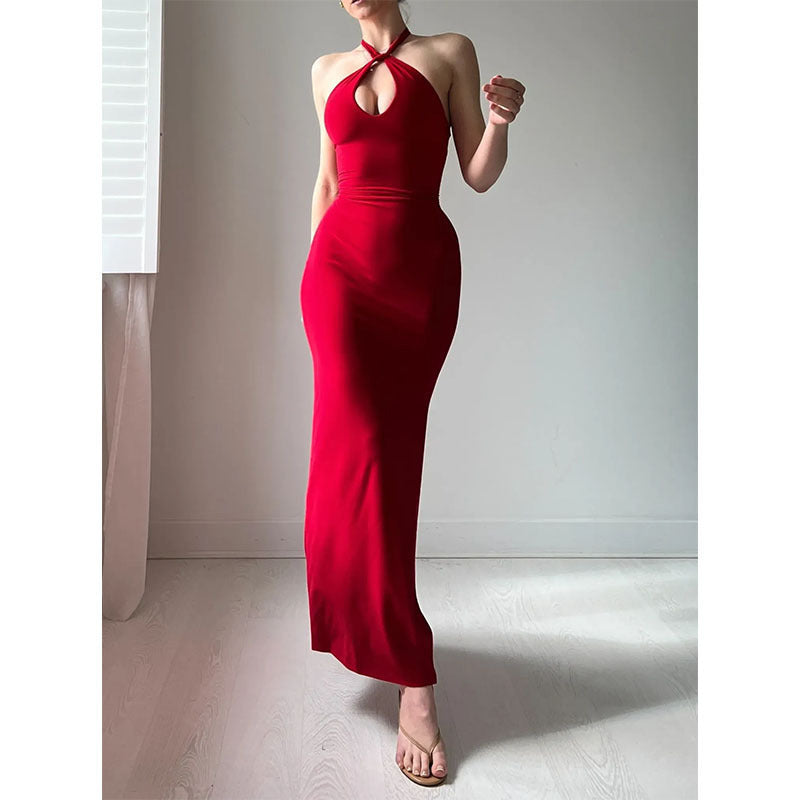 Pure Color Halter Lace-up Sexy Slit Dress