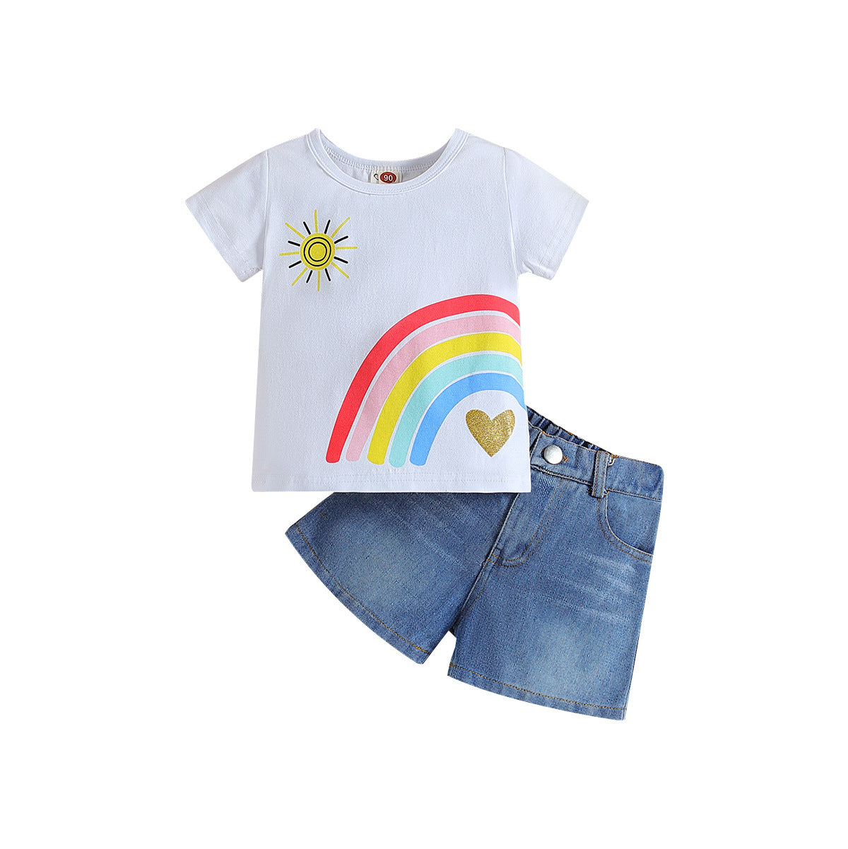Fashion Rainbow Printed Short-sleeved Top Denim Shorts Girls Suit