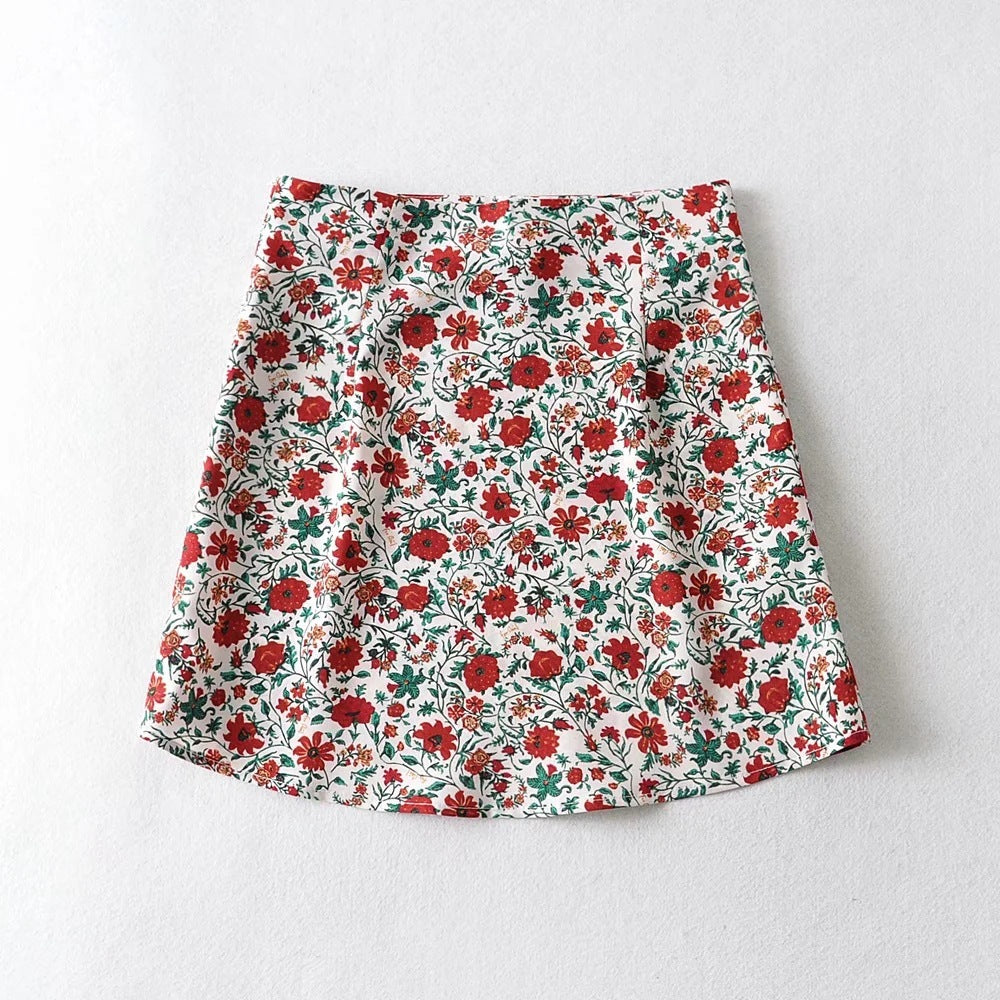 High Waist Make Legs Look Long Curved Hem Printing Skirt A- Line Skirt