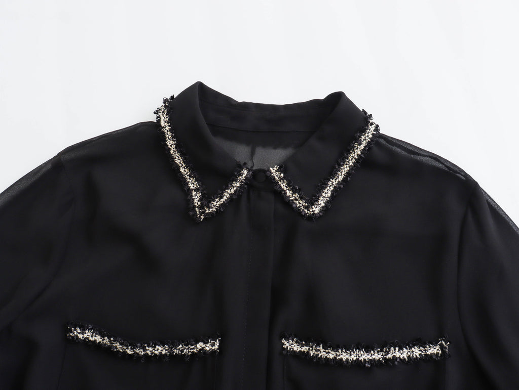 Autumn New European And American Style Texture Patchwork Pocket Decorative Chiffon Loose Shirt
