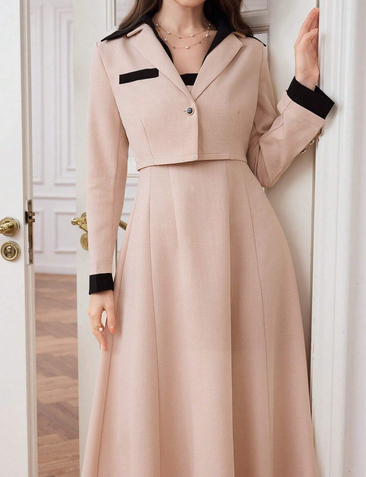 Women's Autumn Color Blocked Round Neck Long Sleeved Jacket And Camisole Skirt