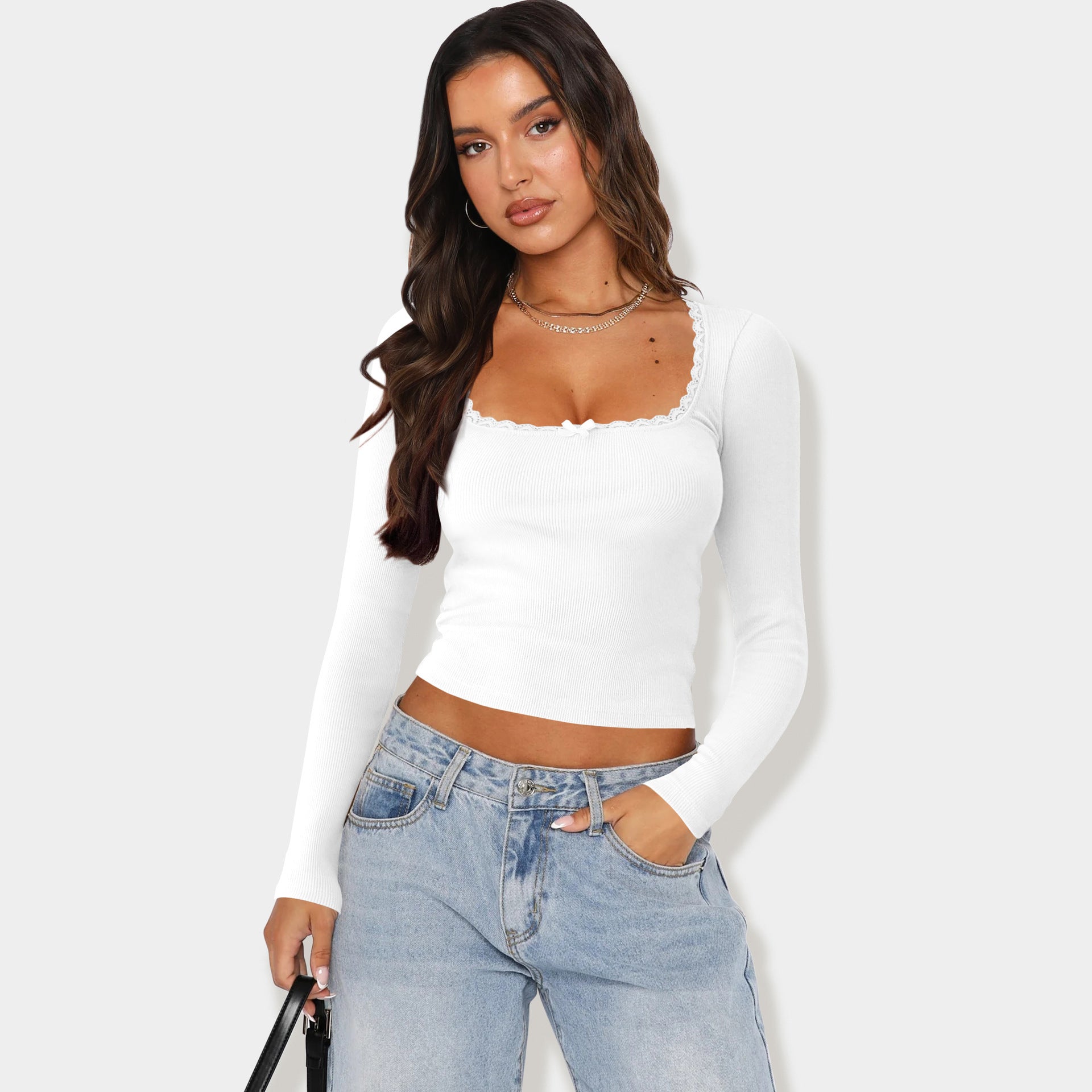 Slimming Slim Lace Stitching Hot Girl Top U-neck Bottoming Shirt