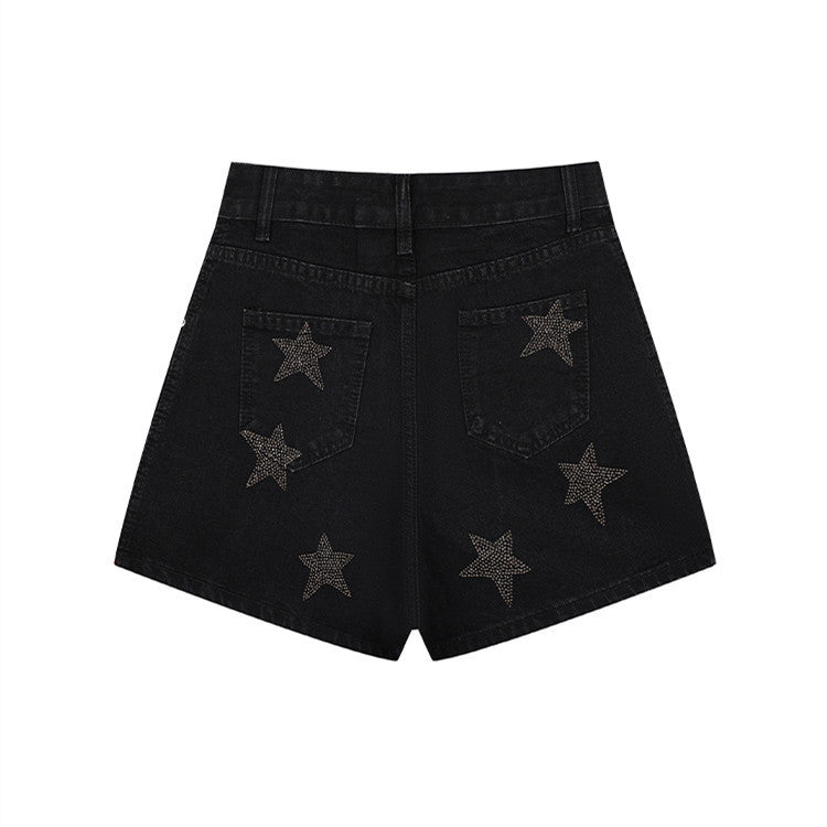 Women's Fashionable High Waist Casual Slim-fit Rhinestone Denim Shorts