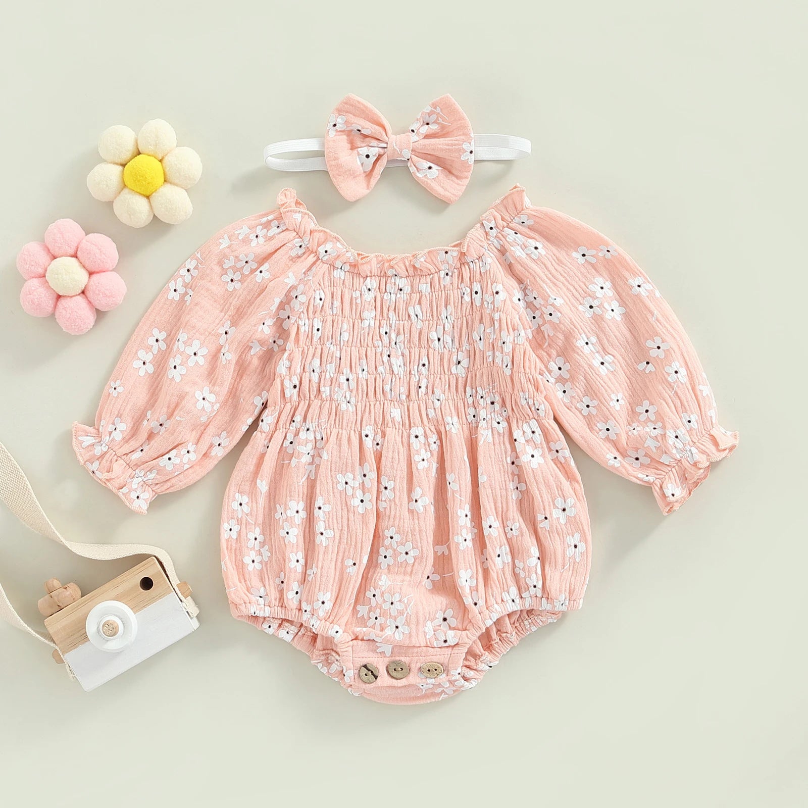 Flowers Full Printed Long-sleeve Jumpsuit Romper Bow Hair Accessories