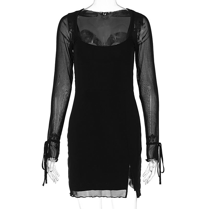 Mesh Slim-fit Slit Hip-wrapped Dress