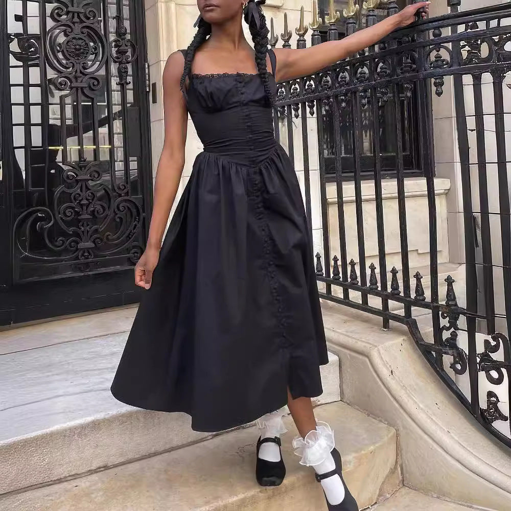 New Spring And Summer European And American Style Spaghetti Straps Chest Wrap Small Floral Solid Color Dress