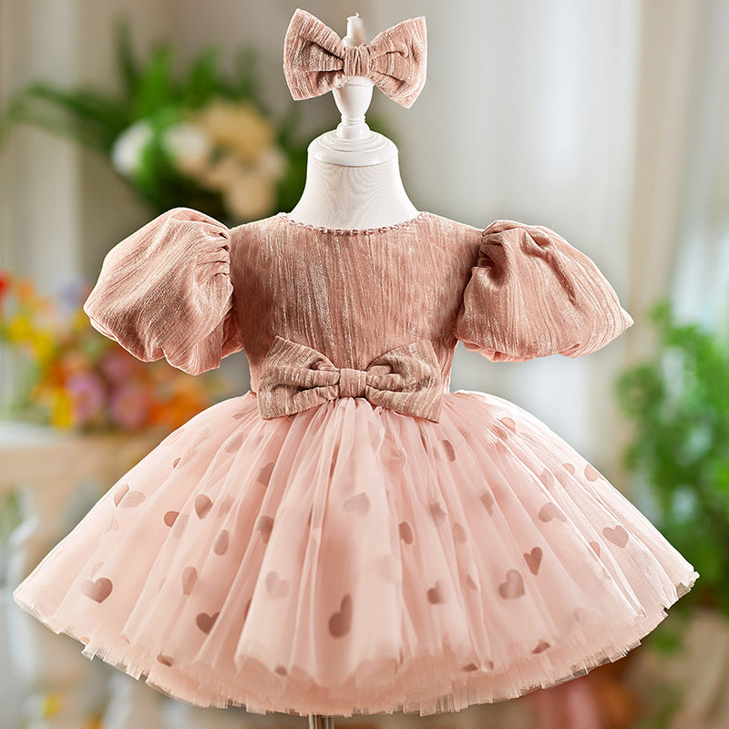 Girls' Dress Birthday Bow Puff Sleeve Puffy Gauze Princess Dres Children Dinner Suit