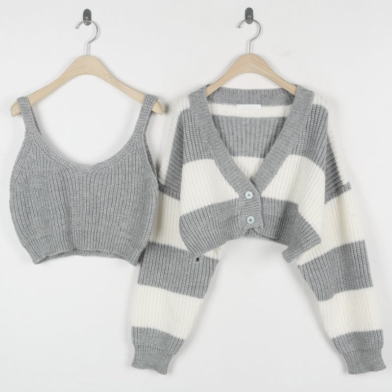 Women's Clothing Two-piece Set Sweater Striped Short Style Fashionable Knitted Suit