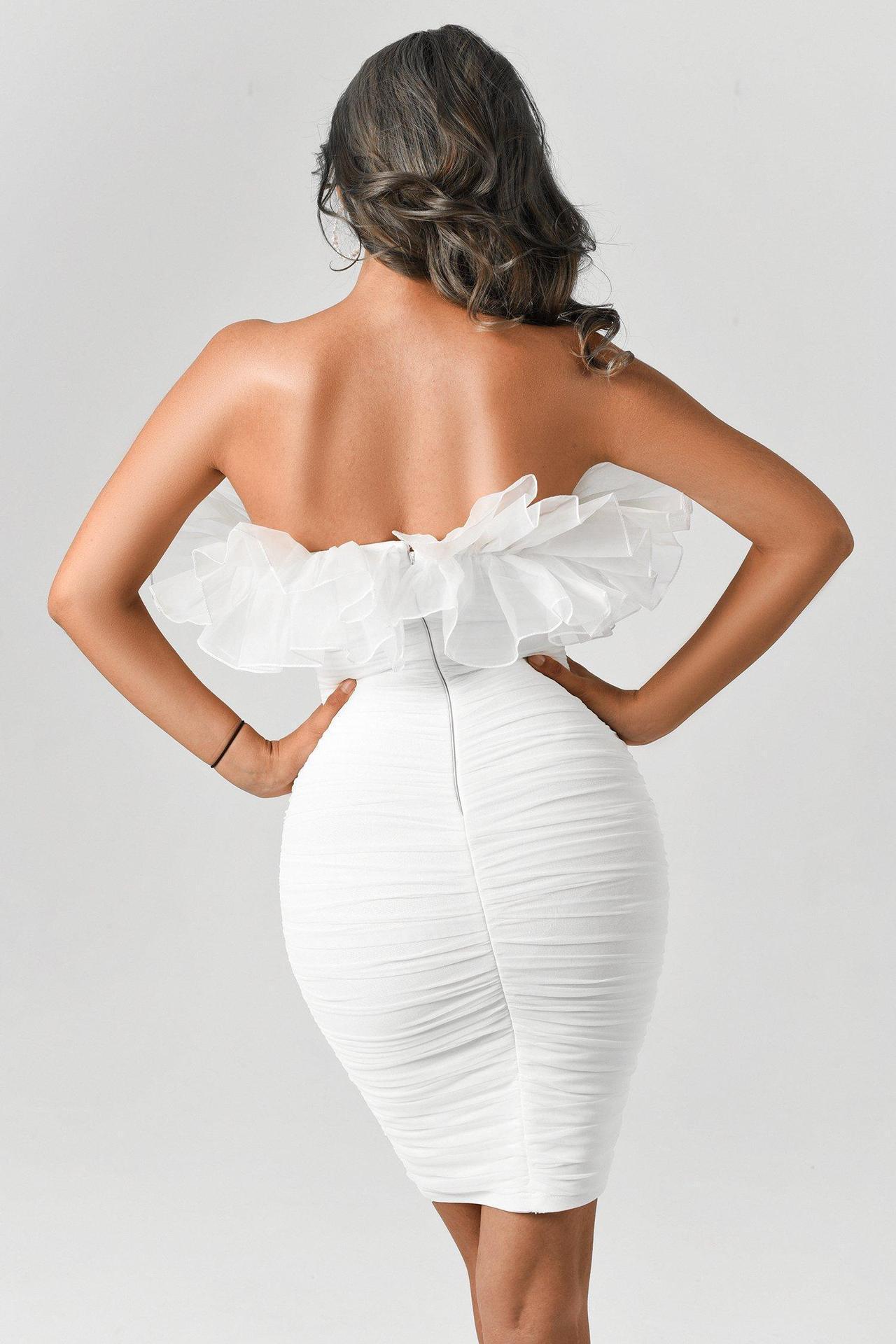 Women's White Net Falbala Tube Top Bandage One-piece Dress