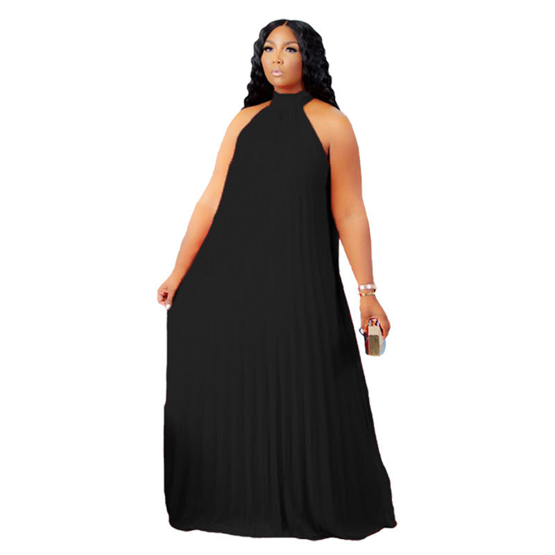 Plus Size Pleated Loose Sleeveless Polyester Dress Women's Including The Lining Cloth