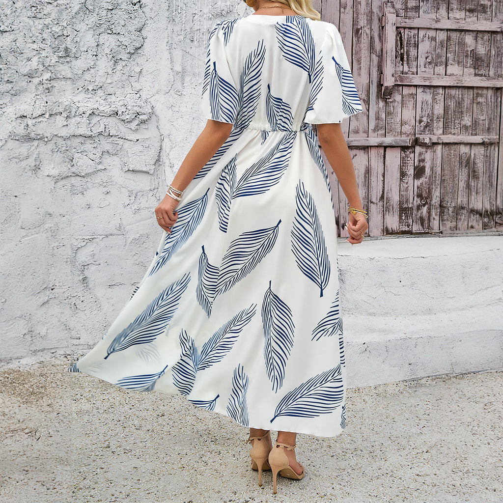 Temperament Vacation Style Printed V-neck Short Sleeve Dress