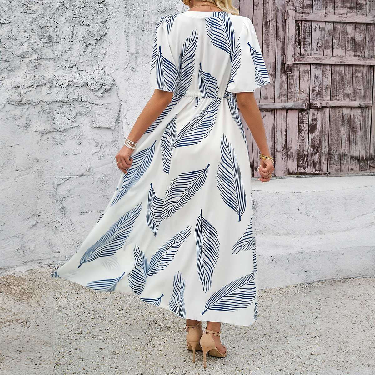 Temperament Vacation Style Printed V-neck Short Sleeve Dress