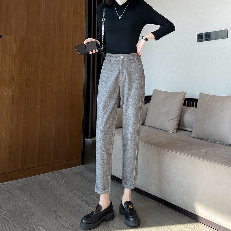 Small Women's Autumn And Winter Herringbone Pattern Woolen Trousers