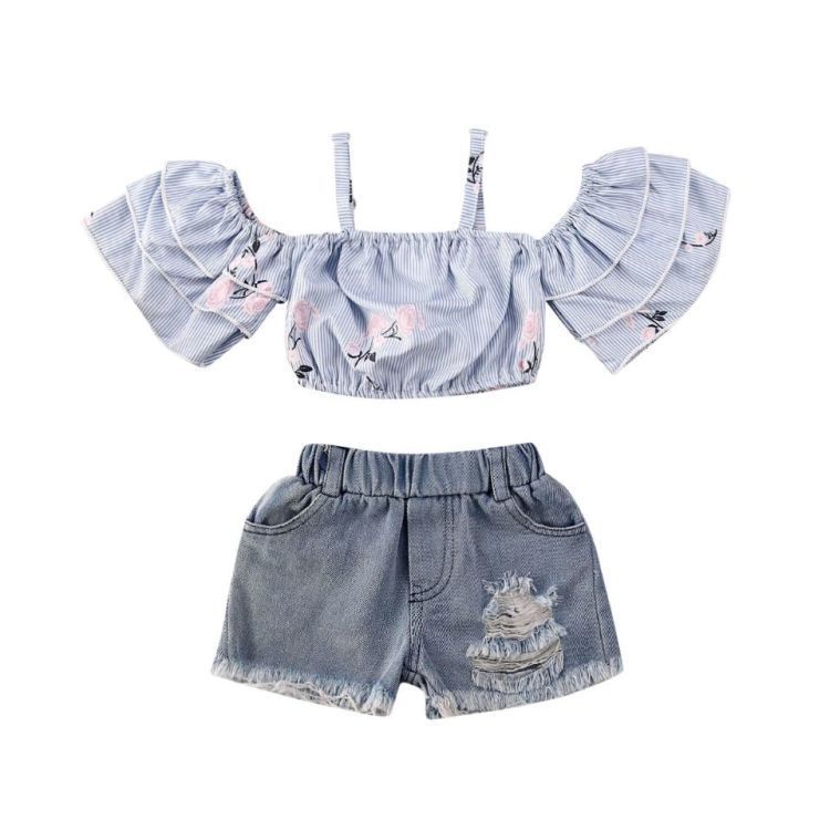 Children's Light Purple Printed Suspender Denim Shorts Suit