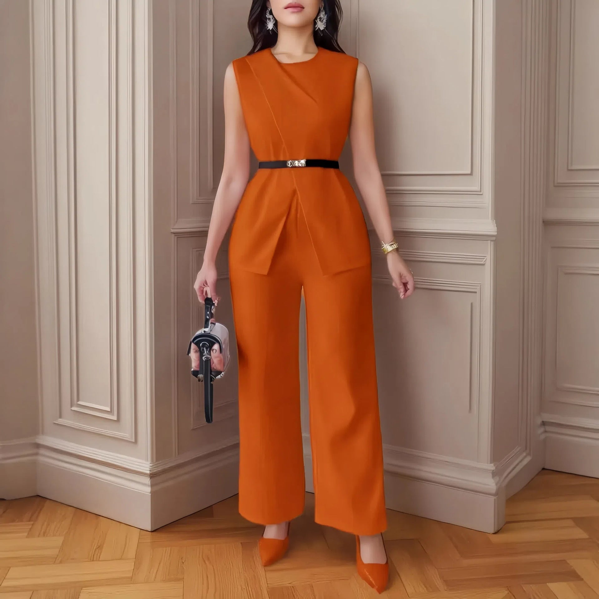 Top Sleeveless Belt Two-piece Pants Casual Suit