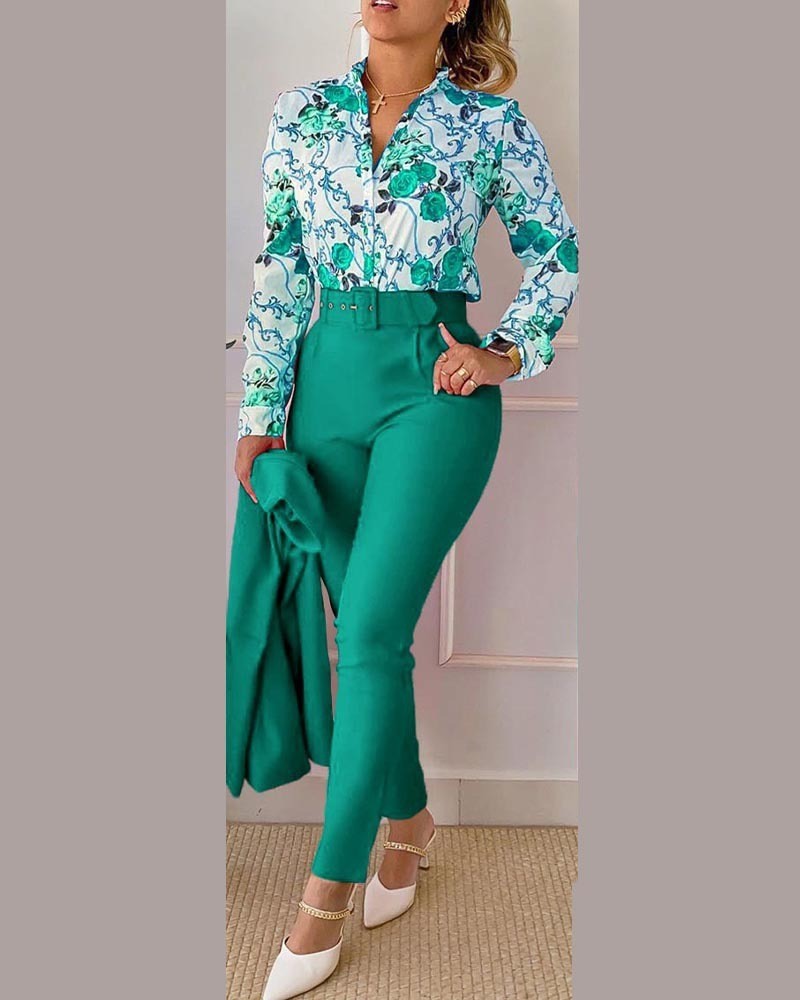 Printed Long-sleeved Top Solid Color Pants Suit With Belt