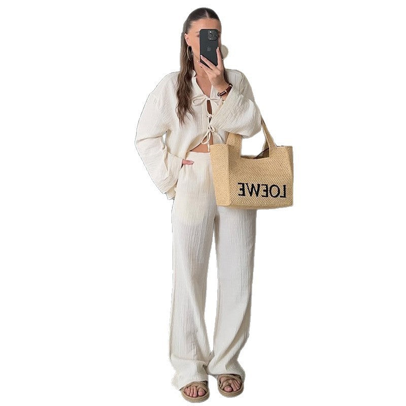 Summer New Solid Color Bow Long Sleeve Shirt Wide Leg Trousers Casual Suit