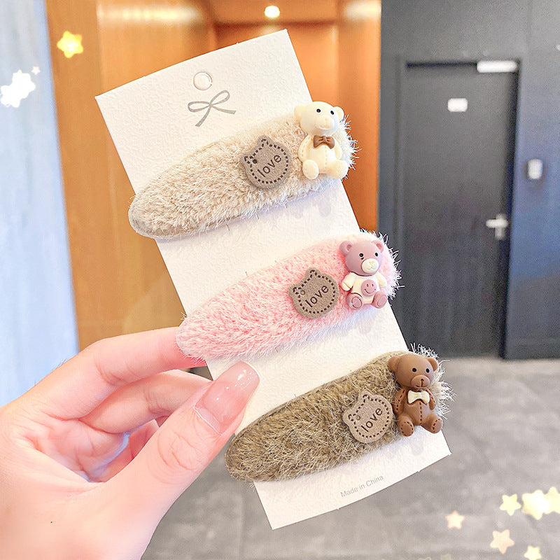 Children Cartoon Plush Bear Hairpin 3 Sets