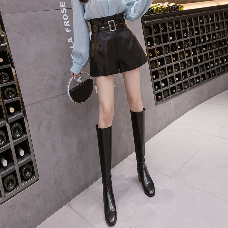 PU Leather Shorts Women's Fall Winter Fashion Temperament Leisure Wide-leg Pants