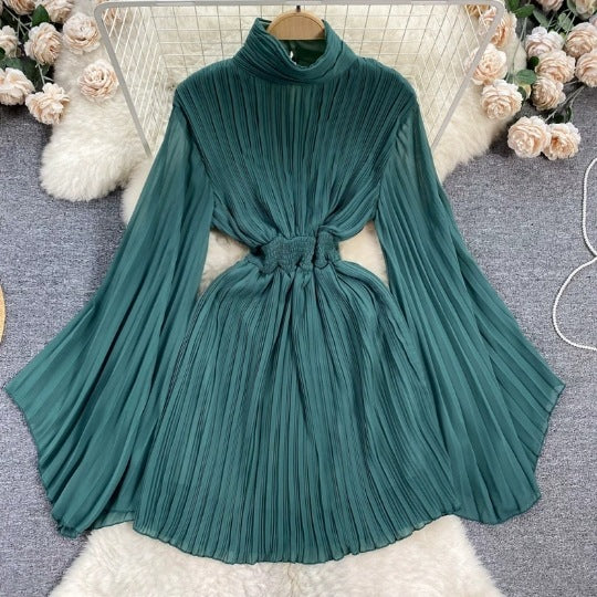 Spring And Autumn Pleated Bell Sleeve Turtleneck Dress