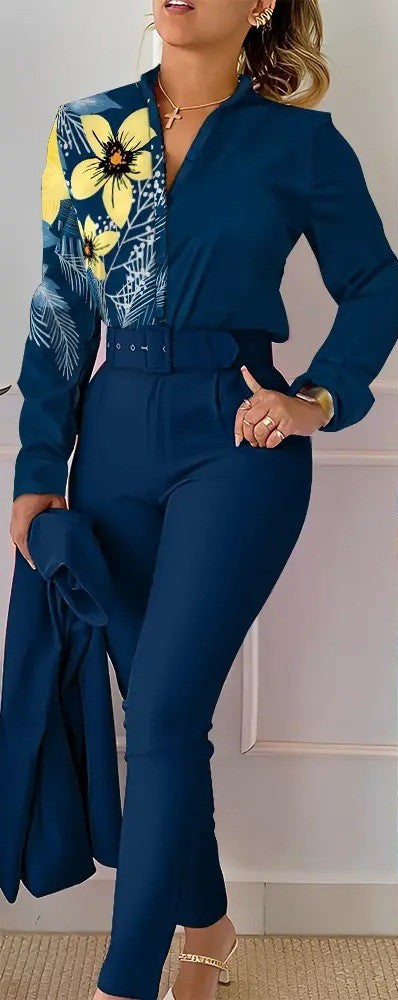 Printed Long-sleeved Top Solid Color Pants Suit With Belt