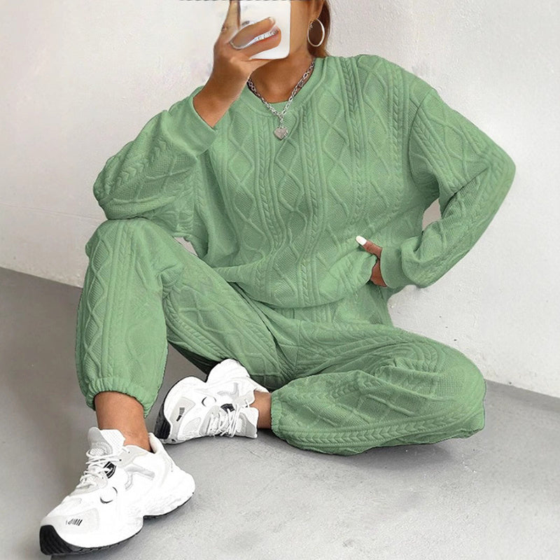 Women's Solid Color Long Sleeve Round Neck Top & Cuffed Pants Set - Ribbed Trim, Minimalist Casual Loungewear For Fall&Winter