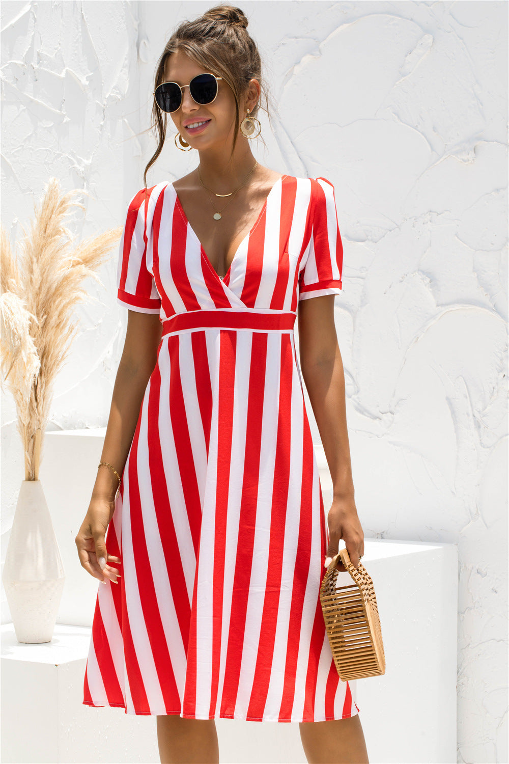 Printed V-neck Striped Short Sleeve Dress