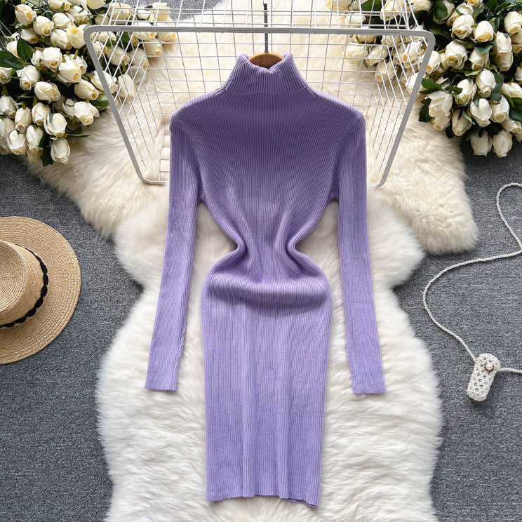 Simple Solid Color Temperament High Collar Slim Knitted Dress