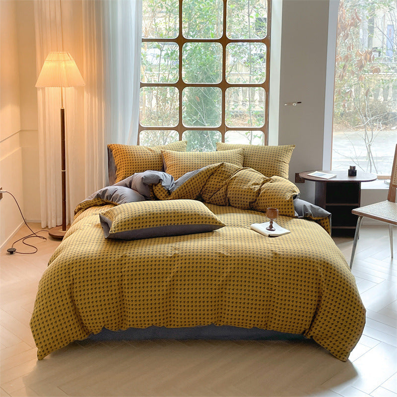 Houndstooth Cotton Double-layer Yarn Four-piece Set Single Fitted Sheet Quilt Cover