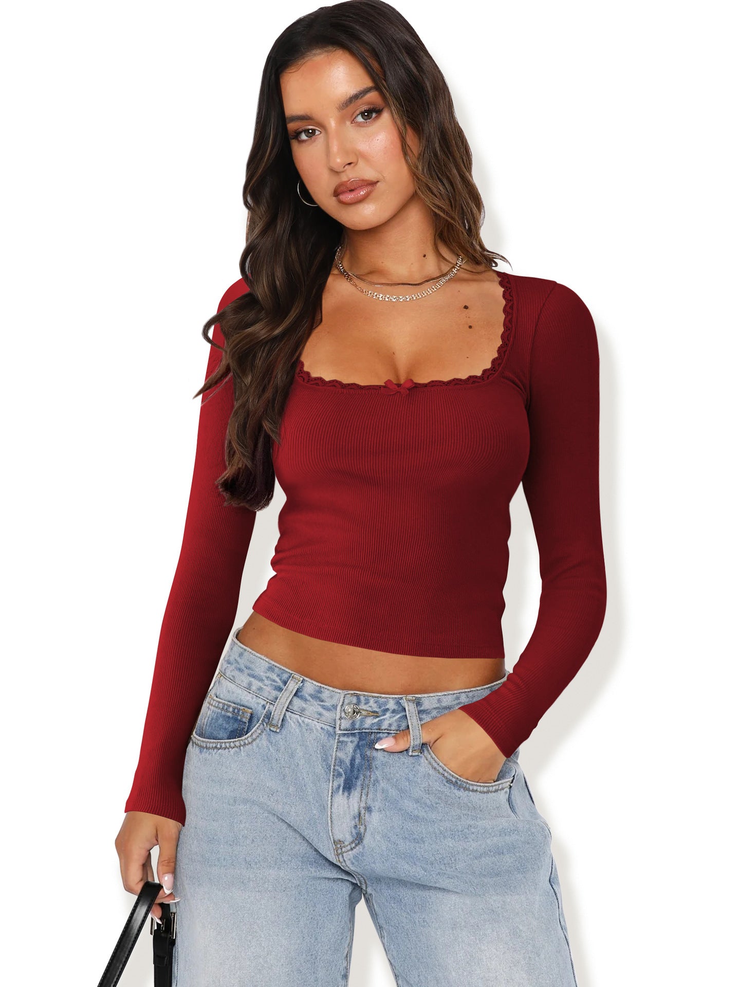 Slimming Slim Lace Stitching Hot Girl Top U-neck Bottoming Shirt