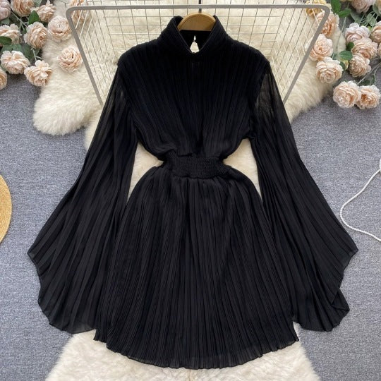 Spring And Autumn Pleated Bell Sleeve Turtleneck Dress