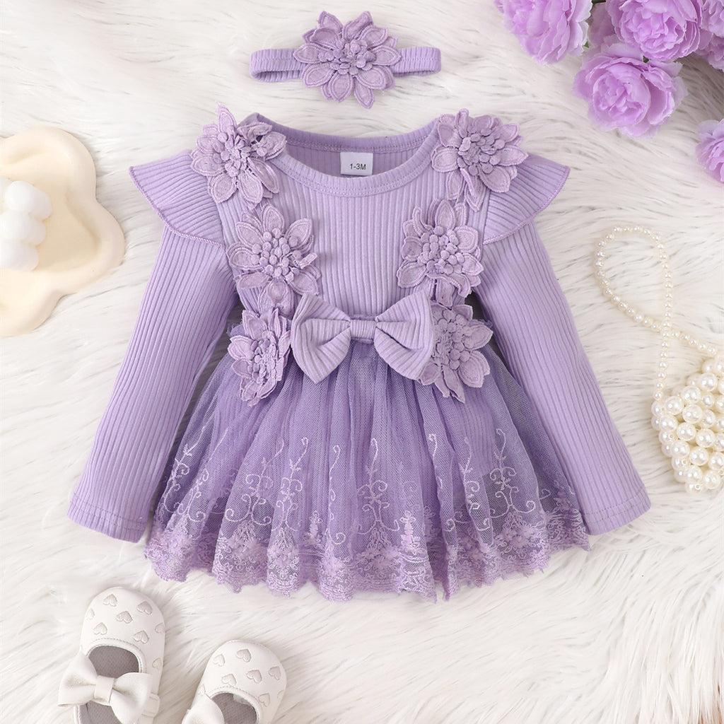 Infant Toddler Lace Flower Long Sleeve Jumpsuit Princess Princess Dress